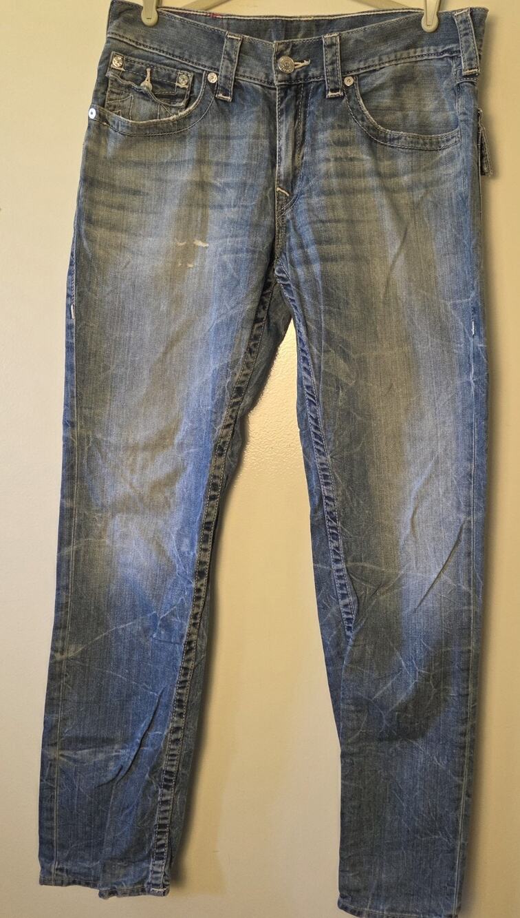 True Religion Section Slim Jeans Size 33x32 Mens Blue Distressed Denim White...